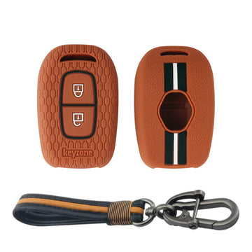 Keyzone striped key cover and keychain fit for : Kwid, Duster, Triber, Kiger remote key (KZS-07, Full Leather Keychain) - Keyzone
