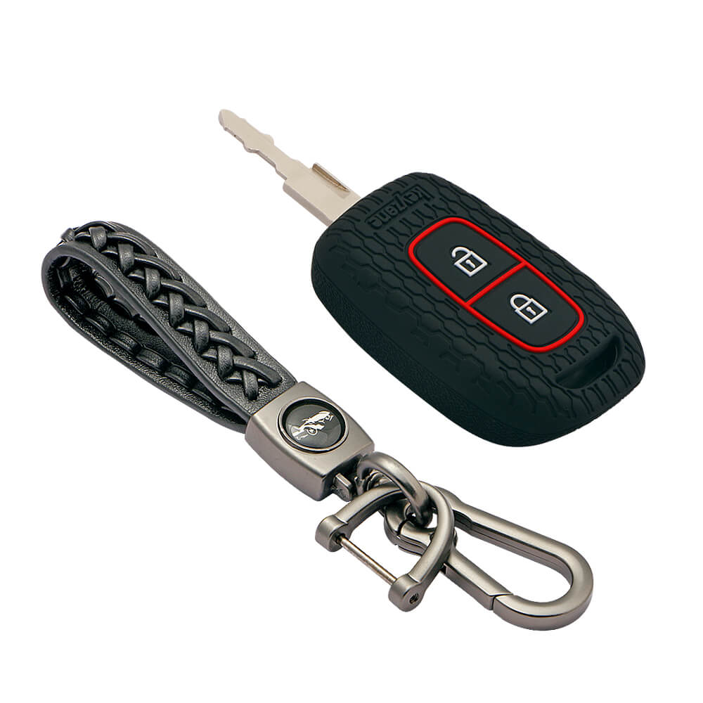 Keyzone striped key cover and keychain fit for : Kwid, Duster, Triber, Kiger remote key (KZS-07,Leather Woven Keychain)) - Keyzone