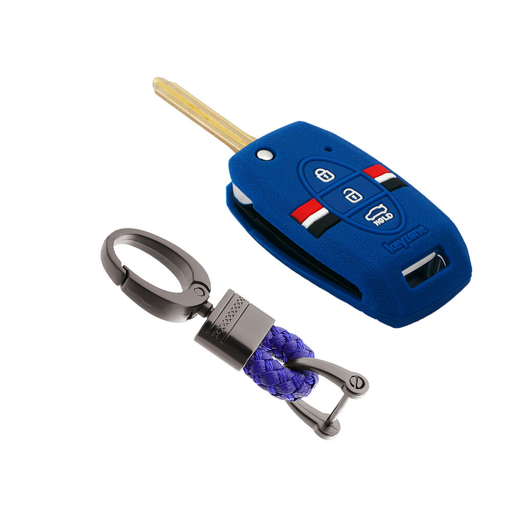 Keyzone striped key cover and keychain fit for : Seltos, Sonet, Carens 3 button flip key (KZS-08, Alloy Keychain) - Keyzone
