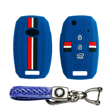 Keyzone striped key cover and keychain fit for : Seltos, Sonet, Carens 3 button flip key (KZS-08, Leather Woven Keychain)