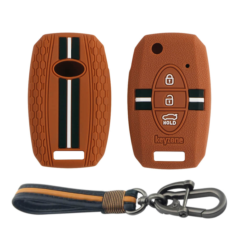 Keyzone striped key cover and keychain fit for : Seltos, Sonet, Carens 3 button flip key (KZS-08, Full Leather Keychain)