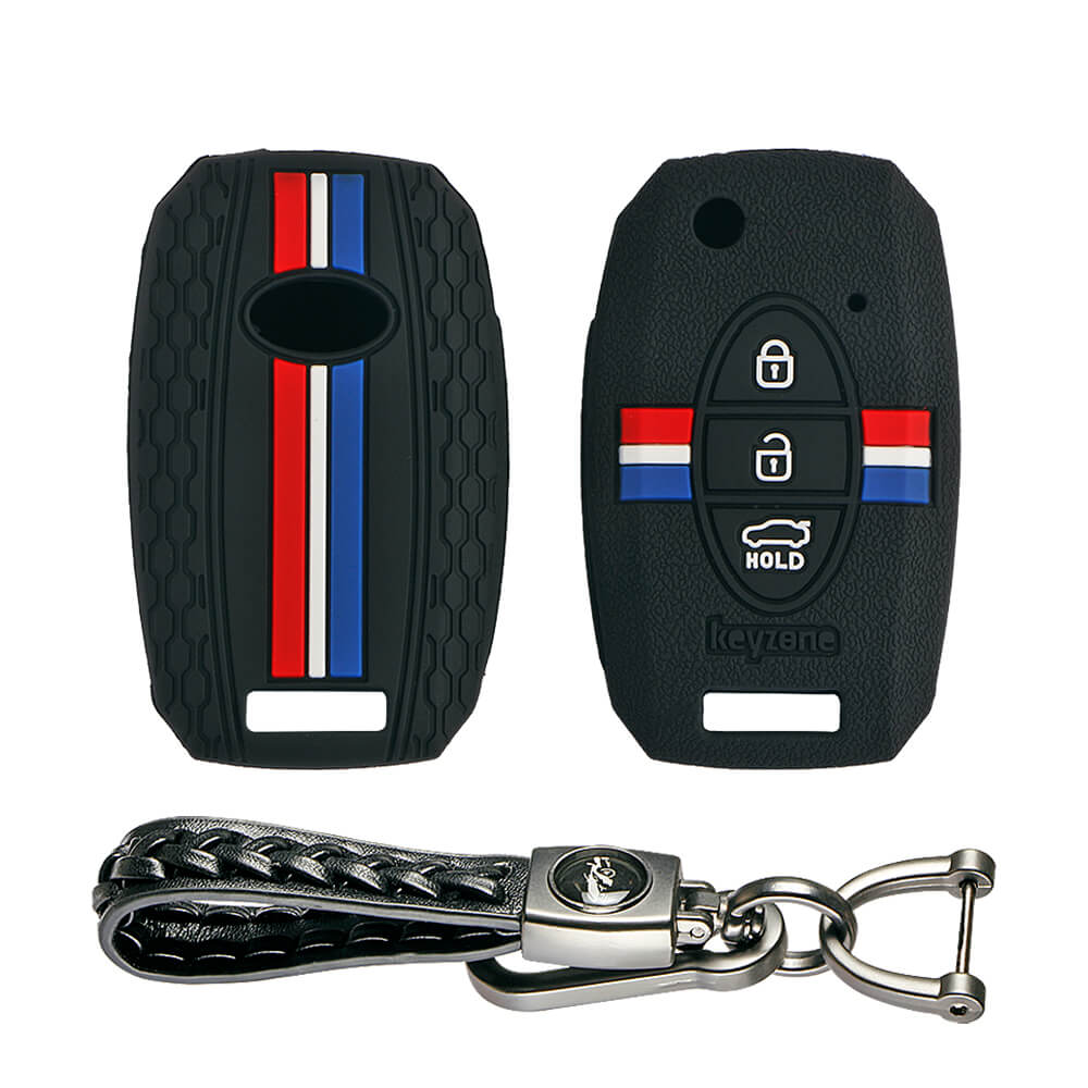 Keyzone striped key cover and keychain fit for : Seltos, Sonet, Carens 3 button flip key (KZS-08, Leather Woven Keychain) - Keyzone