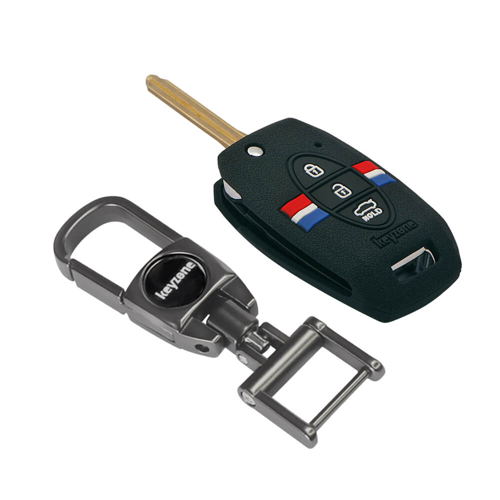 Keyzone Striped Silicone Key Cover & Metal Alloy Key Holder Compatible for Kia Seltos, Sonet, Carens 3 Button flip Key (KZS-08, MAH) - Keyzone