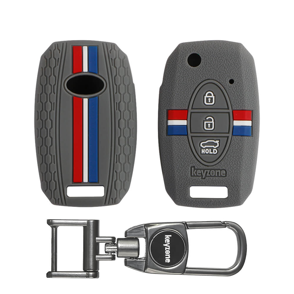 Keyzone Striped Silicone Key Cover & Metal Alloy Key Holder Compatible for Kia Seltos, Sonet, Carens 3 Button flip Key (KZS-08, MAH) - Keyzone