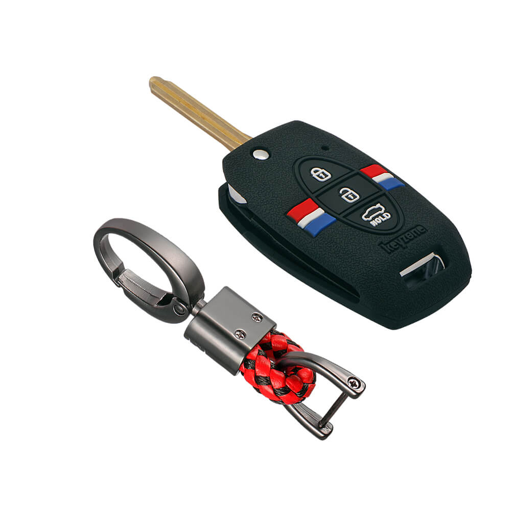 Keyzone striped key cover and keychain fit for : Seltos, Sonet, Carens 3 button flip key (KZS-08, Alloy Keychain) - Keyzone