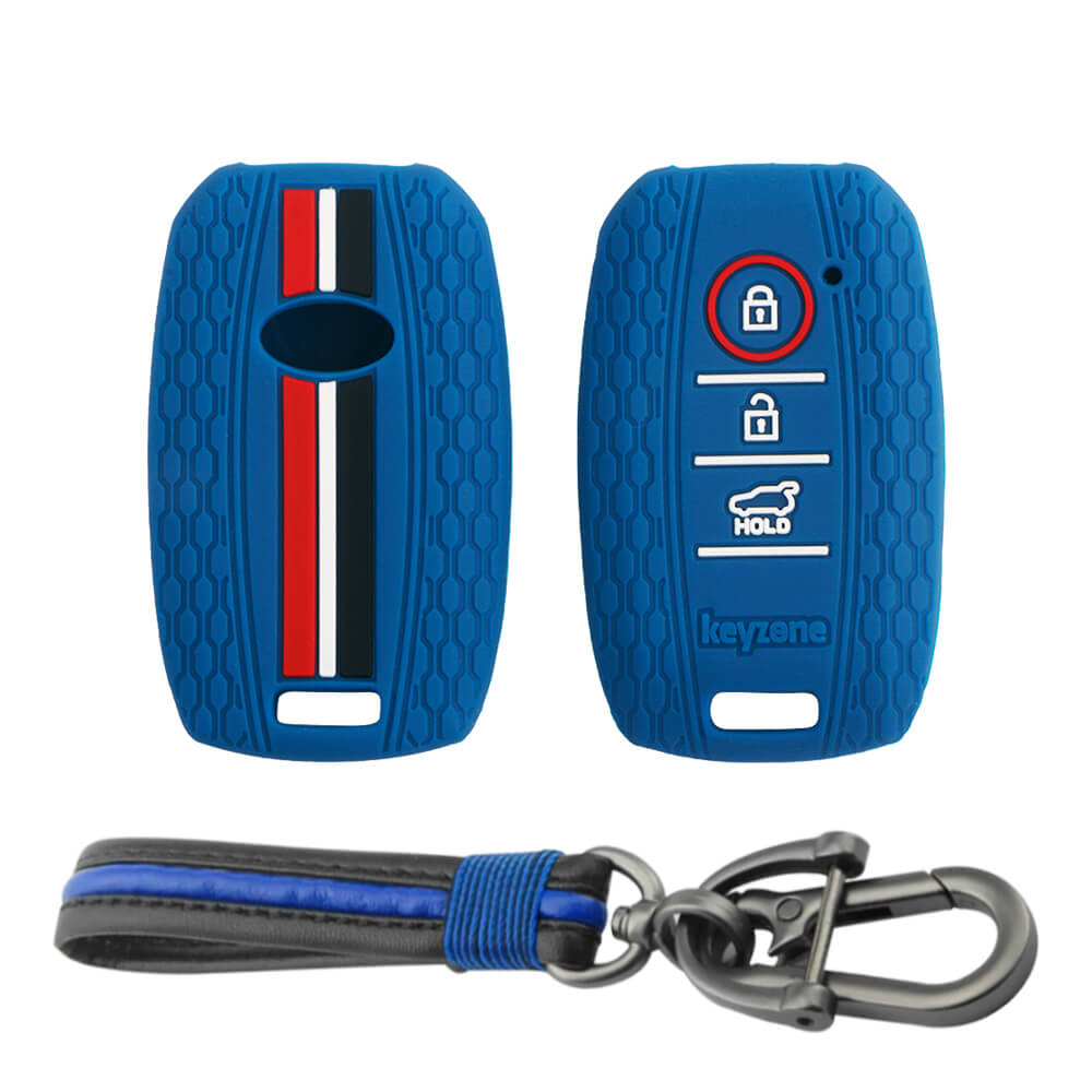 Keyzone striped key cover and keychain fit for : Seltos 3 button smart key (KZS-09, Full Leather Keychain) - Keyzone