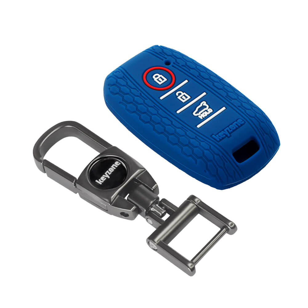 Keyzone striped silicone key cover & metal alloy key holder compatible for Kia Seltos 3 button smart key (KZS-09, MAH) - Keyzone