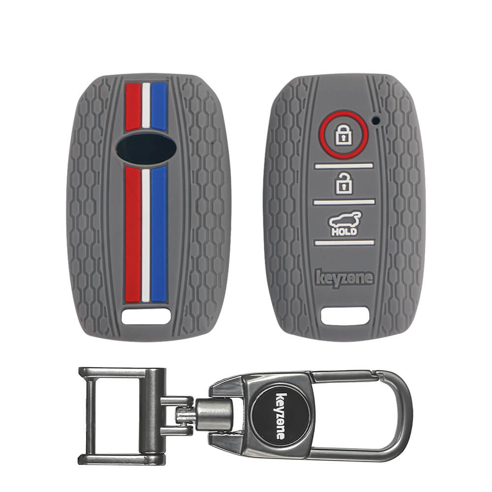 Keyzone striped silicone key cover & metal alloy key holder compatible for Kia Seltos 3 button smart key (KZS-09, MAH)