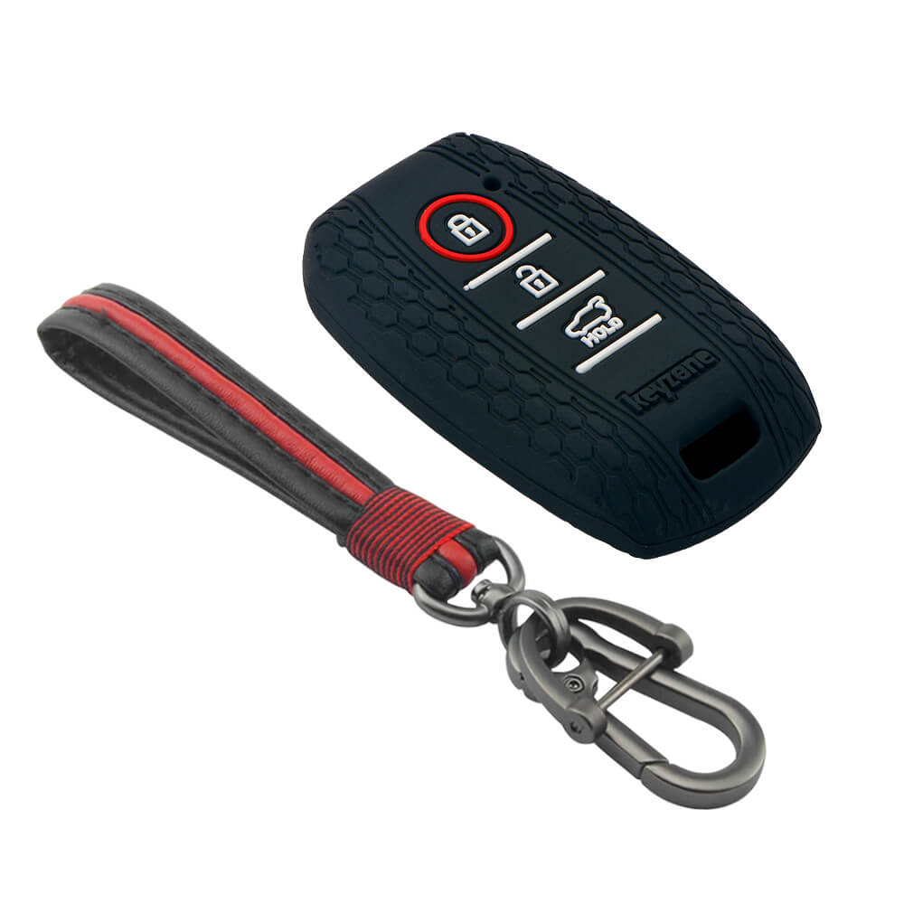Keyzone striped key cover and keychain fit for : Seltos 3 button smart key (KZS-09, Full Leather Keychain) - Keyzone