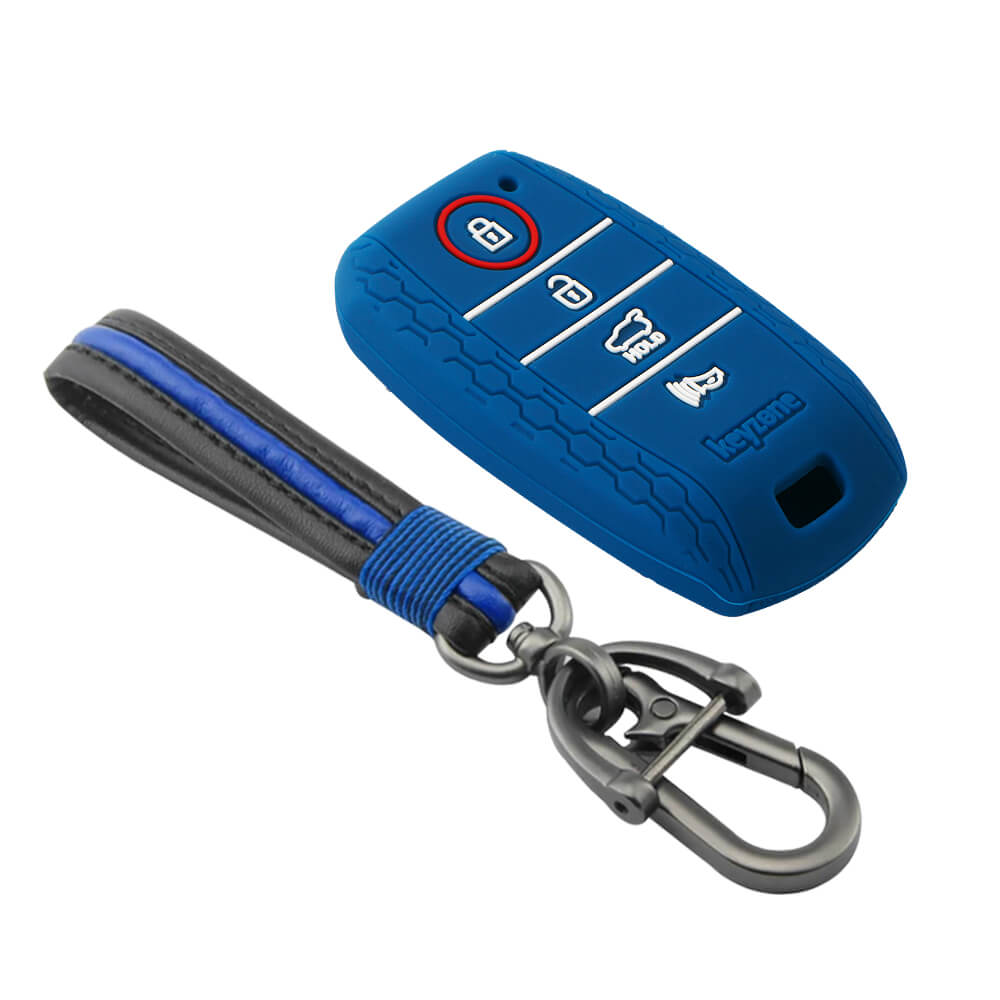 Keyzone striped key cover and keychain fit for : Seltos 4 button smart key (KZS-10, Full Leather Keychain) - Keyzone