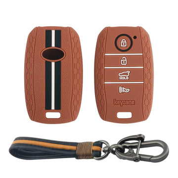 Keyzone striped key cover and keychain fit for : Seltos 4 button smart key (KZS-10, Full Leather Keychain)