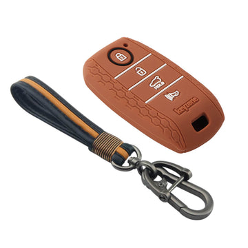 Keyzone striped key cover and keychain fit for : Seltos 4 button smart key (KZS-10, Full Leather Keychain) - Keyzone