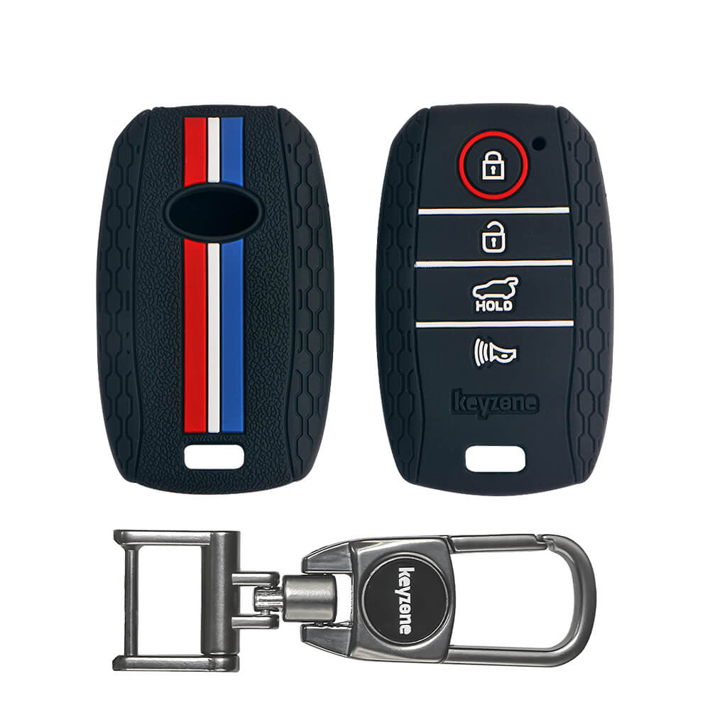 Keyzone Striped Silicone Key Cover & Metal Alloy Key Holder Compatible for Kia Seltos 4 Button Smart Key (KZS-10, MAH) - Keyzone