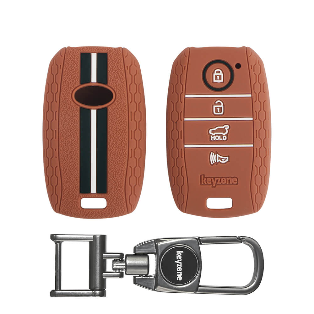 Keyzone Striped Silicone Key Cover & Metal Alloy Key Holder Compatible for Kia Seltos 4 Button Smart Key (KZS-10, MAH) - Keyzone