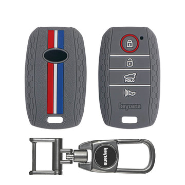 Keyzone Striped Silicone Key Cover & Metal Alloy Key Holder Compatible for Kia Seltos 4 Button Smart Key (KZS-10, MAH)