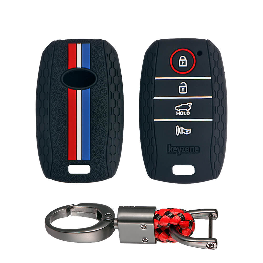 Keyzone striped key cover and keychain fit for : Seltos 4 button smart key (KZS-10, Alloy Keychain) - Keyzone
