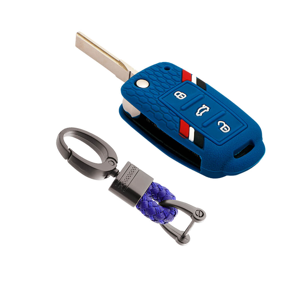 Keyzone striped key cover and keychain fit for : Polo, Vento, Jetta, Ameo 3b flip key (KZS-11, Alloy Keychain) - Keyzone