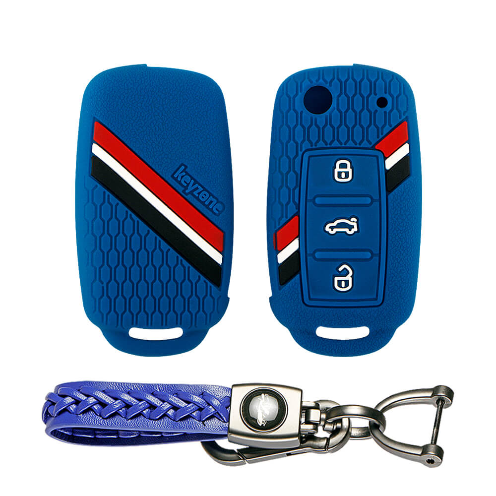 Keyzone striped key cover and keychain fit for : Octavia (Old), Fabia, Laura, Rapid, Superb, Yeti 3 button flip key (KZS-11, Woven Keyholder) - Keyzone