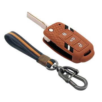 Keyzone striped key cover and keychain fit for : Octavia (Old), Fabia, Laura, Rapid, Superb, Yeti 3 button flip key (KZS-11, Full Leather Keychain) - Keyzone