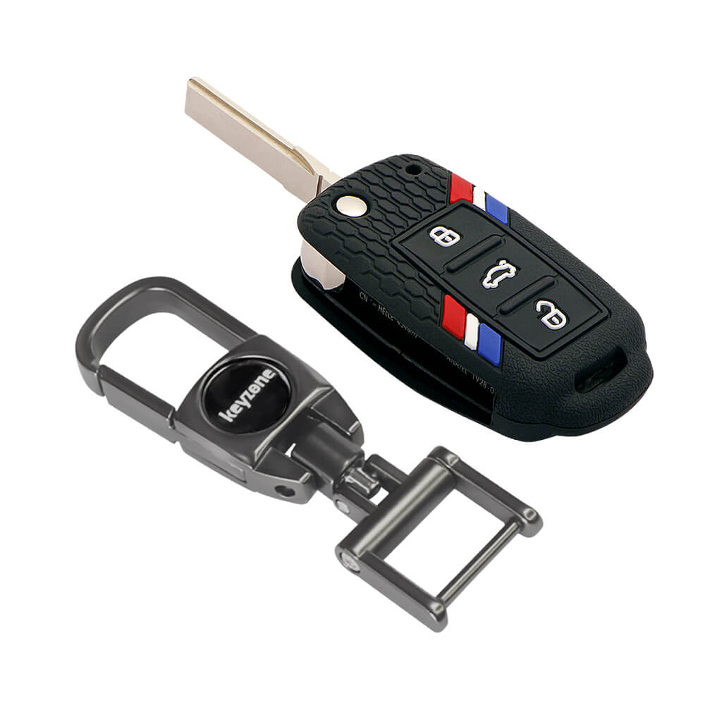 Keyzone Striped Silicone Key Cover & Metal allloy Key Holder Compatible for Skoda Fabia Octavia Laura Superb Rapid Yeti 3 button flip Key (KZS-11, MAH) - Keyzone