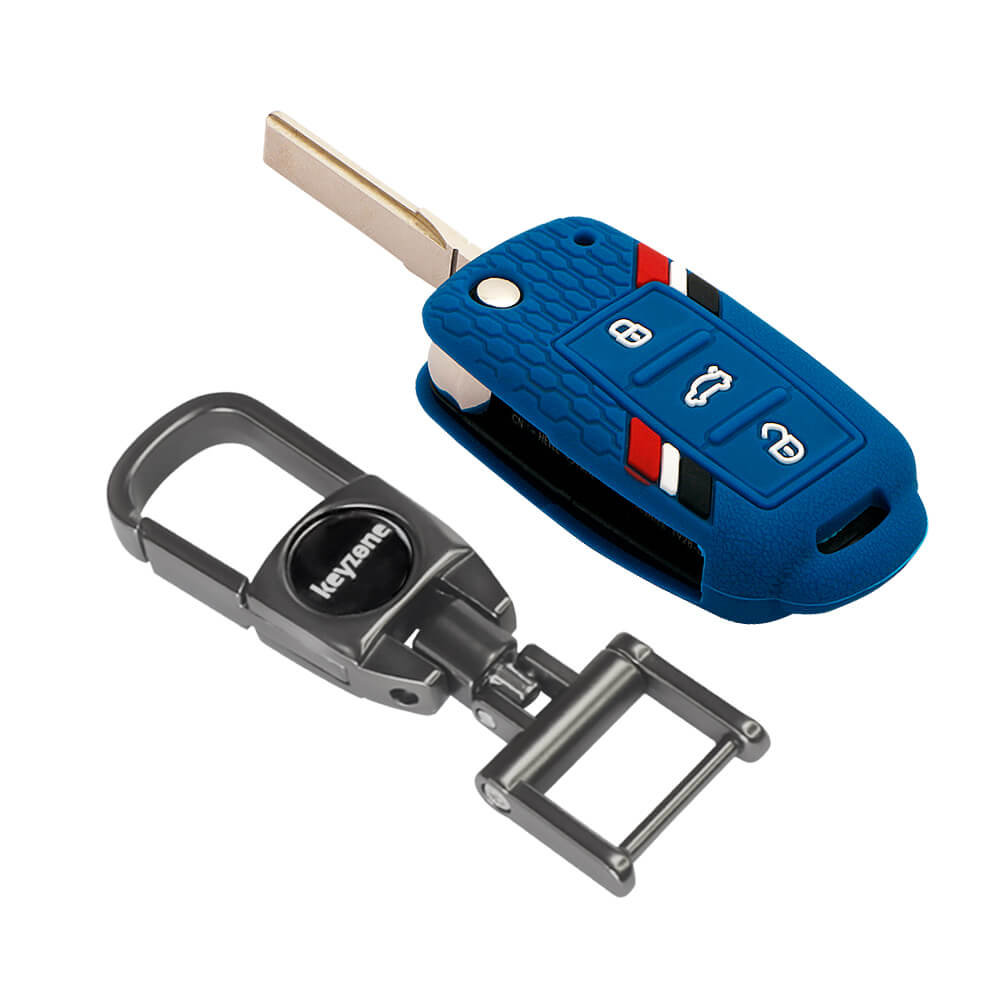 Keyzone Striped Silicone Key Cover & Metal allloy Key Holder Compatible for Skoda Fabia Octavia Laura Superb Rapid Yeti 3 button flip Key (KZS-11, MAH) - Keyzone