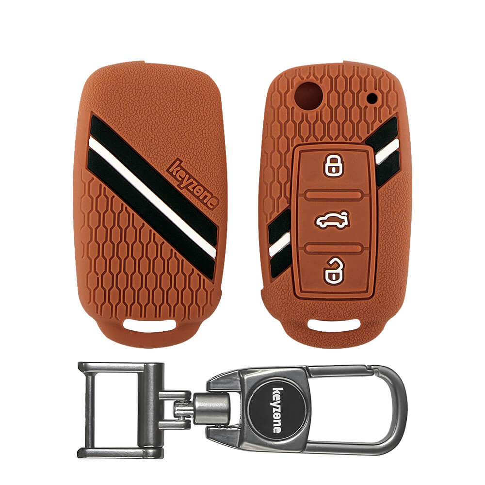 Keyzone Striped Silicone Key Cover & Metal Alloy Key Holder Compatible for Volkswagen Polo, Vento, Jetta, Ameo 3 Button flip Key (KZS-11, MAH) - Keyzone