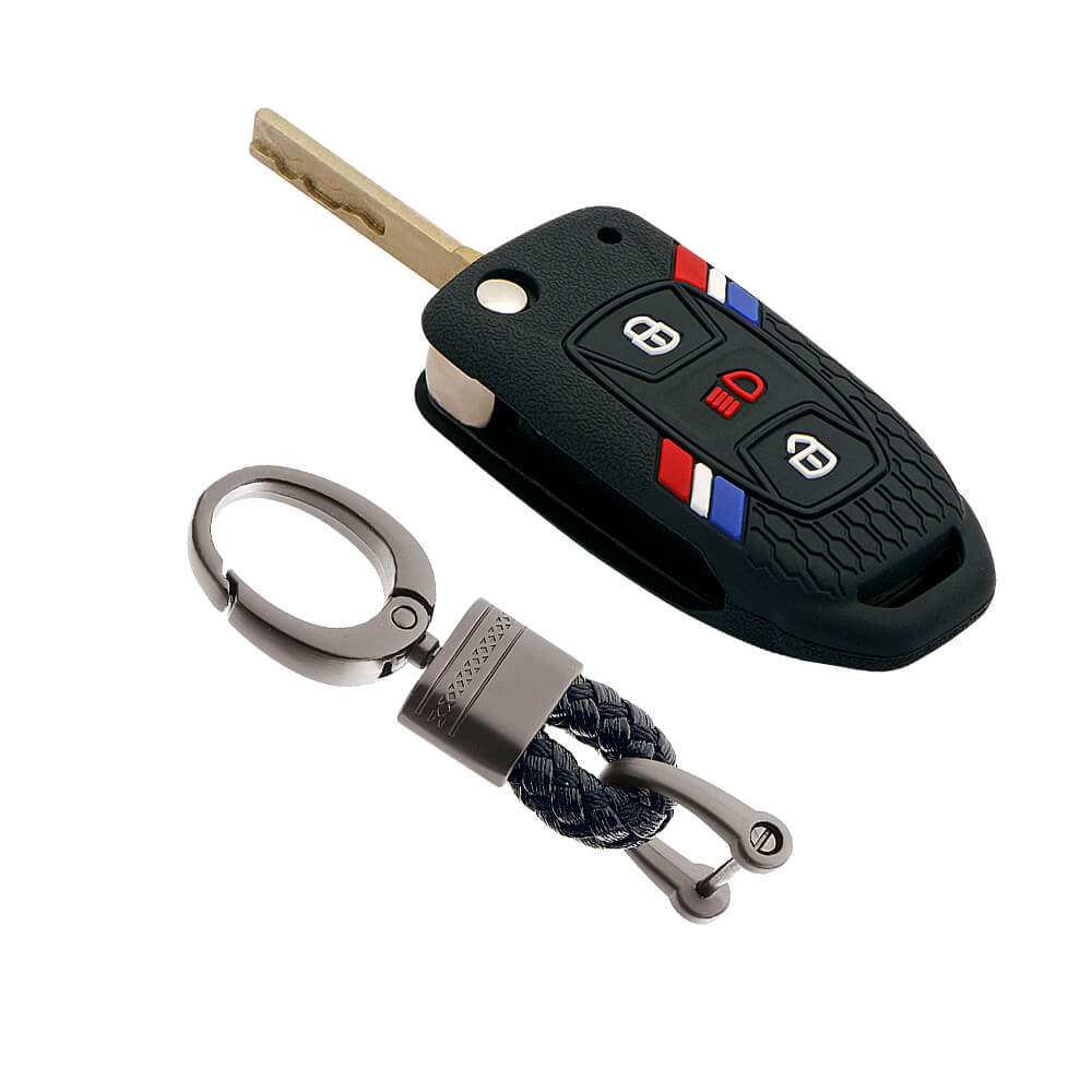 Keyzone striped key cover and keychain fit for : Tata Zest, Bolt, Tigor, Zica, Tiago, Safari Storme, Nexon, Harrier, Hexa flip key (KZS-13, Alloy Keychain) - Keyzone