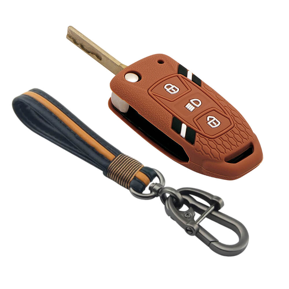 Keyzone striped key cover and keychain fit for : Tata Zest, Bolt, Tigor, Zica, Tiago, Safari Storme, Nexon, Harrier, Hexa flip key (KZS-13, Full Leather Keychain) - Keyzone