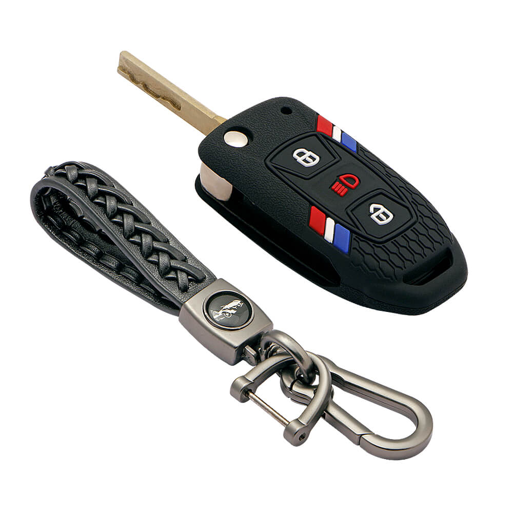 Keyzone striped key cover and keychain fit for : Tata Zest, Bolt, Tigor, Zica, Tiago, Safari Storme, Nexon, Harrier, Hexa flip key (KZS-13, Woven Keyholder) - Keyzone