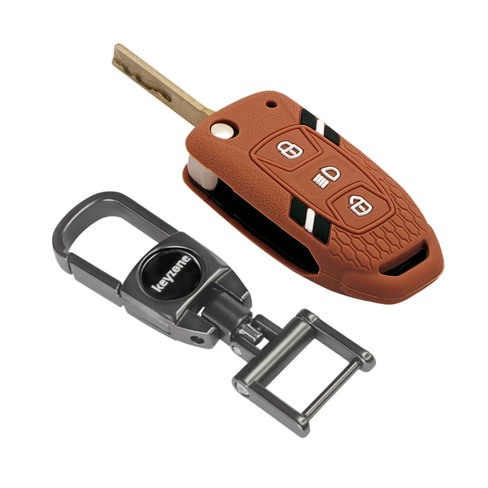 Keyzone Striped Silicone Key Cover & Metal Alloy keyholder Compatible for Tata Nexon, Harrier, Altroz, Punch, Safari, Tigor, Tiago, Zest 3 Button flip Key (KZS-13, MAH) - Keyzone