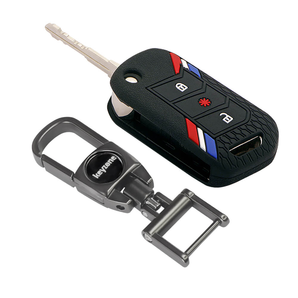 Keyzone Striped Silicone Key Cover & Metal Alloy Key Holder Compatible for Mahindra Thar, Bolero, Scorpio, XUV700, XUV400, XUV300, TUV300, Marazzo 3 button flip Key (KZS-14, MAH) - Keyzone