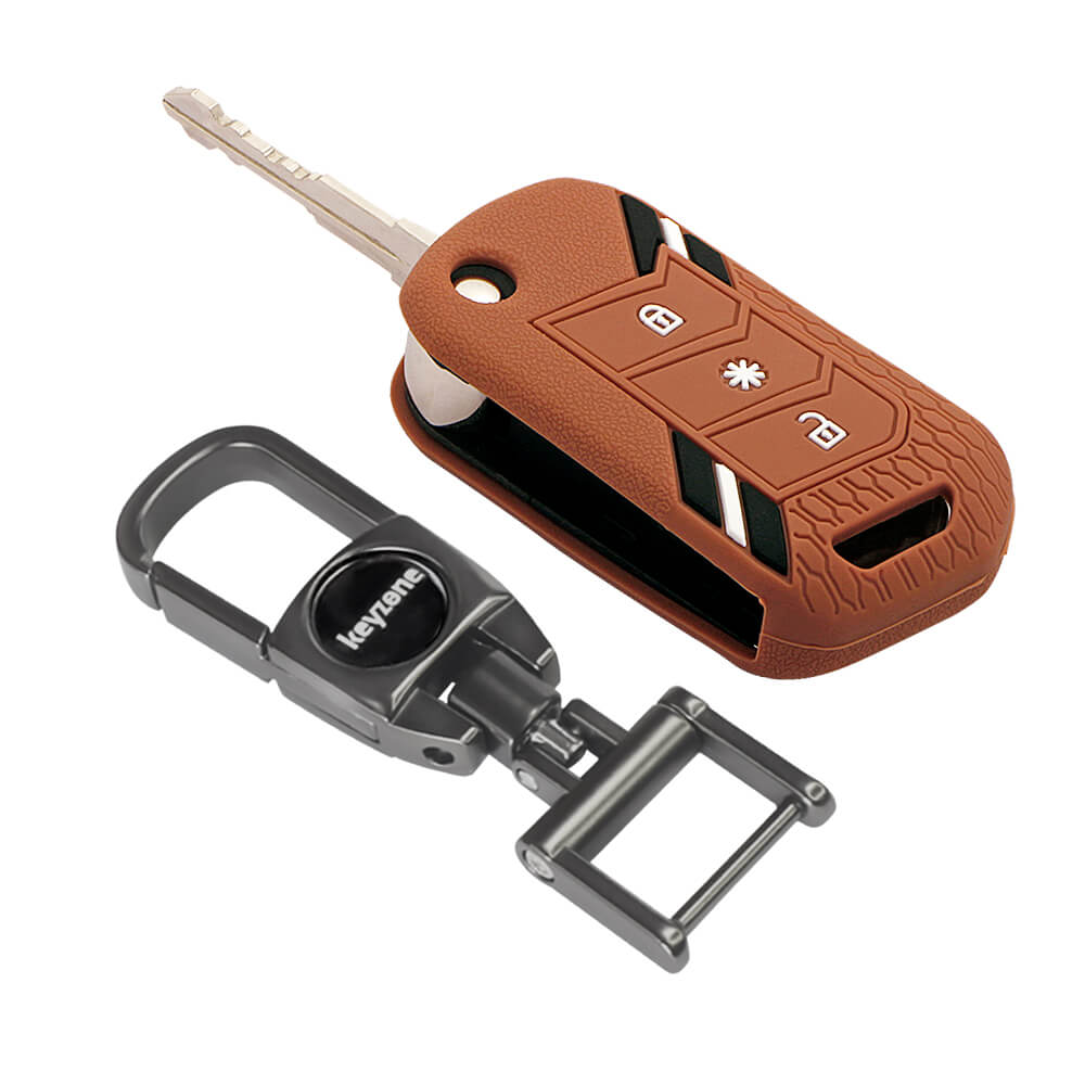 Keyzone Striped Silicone Key Cover & Metal Alloy Key Holder Compatible for Mahindra Thar, Bolero, Scorpio, XUV700, XUV400, XUV300, TUV300, Marazzo 3 button flip Key (KZS-14, MAH) - Keyzone