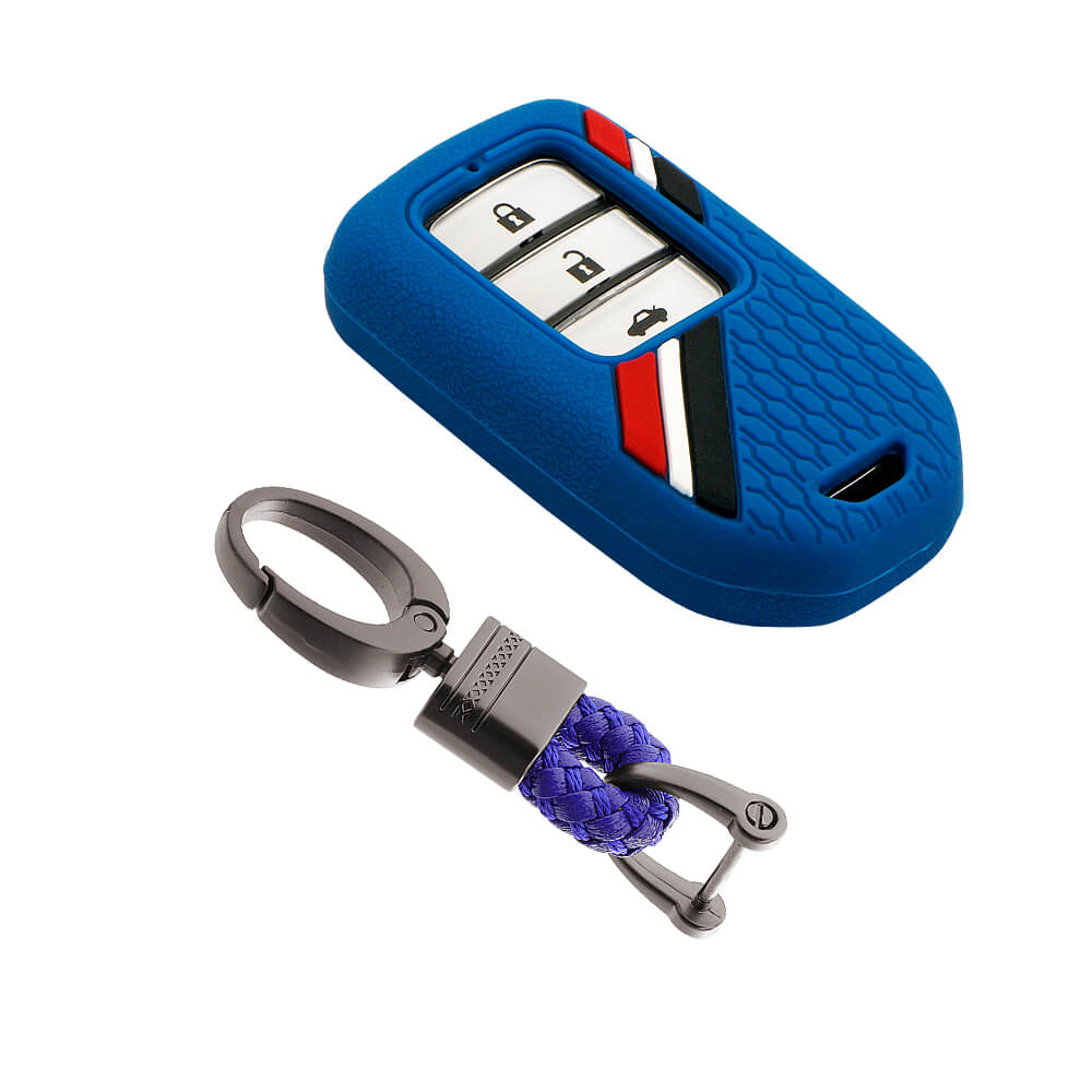 Keyzone striped key cover and keychain fit for : Honda City, Elevate, Civic, Jazz, Brio, Amaze, CR-V, WR-V, BR-V, Mobilio, Accord 2b/3b/4b/5b Smart Key (KZS-15, Alloy Keychain) - Keyzone