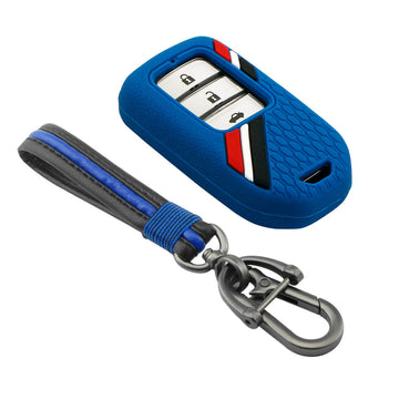 Keyzone striped key cover and keychain fit for : Honda City, Elevate, Civic, Jazz, Brio, Amaze, CR-V, WR-V, BR-V, Mobilio, Accord 2b/3b/4b/5b Smart Key (KZS-15, Full Leather Keychain) - Keyzone