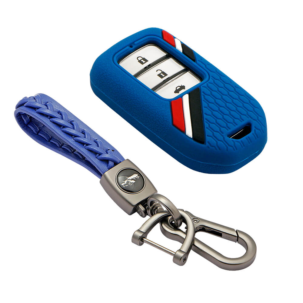 Keyzone striped key cover and keychain fit for : Honda City, Elevate, Civic, Jazz, Brio, Amaze, CR-V, WR-V, BR-V, Mobilio, Accord 2b/3b/4b/5b Smart Key (KZS-15, Woven Keyholder) - Keyzone