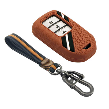 Keyzone striped key cover and keychain fit for : Honda City, Elevate, Civic, Jazz, Brio, Amaze, CR-V, WR-V, BR-V, Mobilio, Accord 2b/3b/4b/5b Smart Key (KZS-15, Full Leather Keychain) - Keyzone