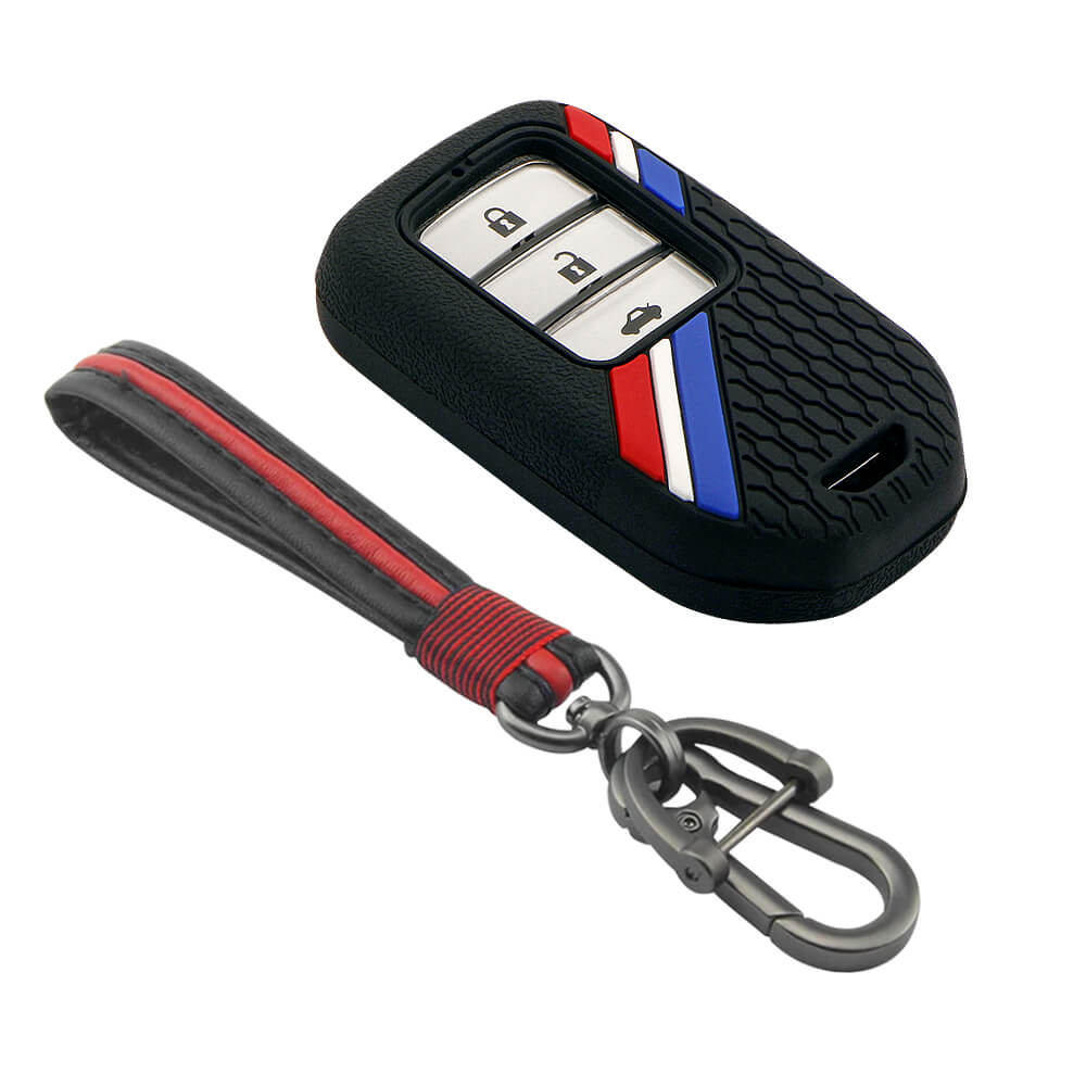 Keyzone striped key cover and keychain fit for : Honda City, Elevate, Civic, Jazz, Brio, Amaze, CR-V, WR-V, BR-V, Mobilio, Accord 2b/3b/4b/5b Smart Key (KZS-15, Full Leather Keychain) - Keyzone