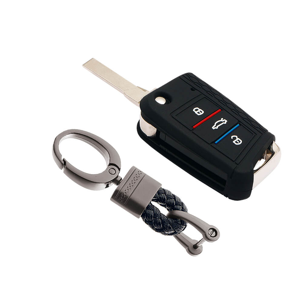Keyzone striped key cover and keychain fit for : Karoq, Octavia, Superb, Kodiaq Slavia flip key (KZS-17, Alloy Keychain) - Keyzone
