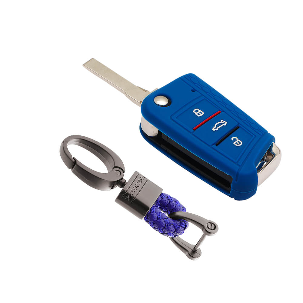 Keyzone striped key cover and keychain fit for : Virtus, Tiguan, T-roc,taigun, New Jetta 3 button flip key (KZS-17, Alloy Keychain) - Keyzone