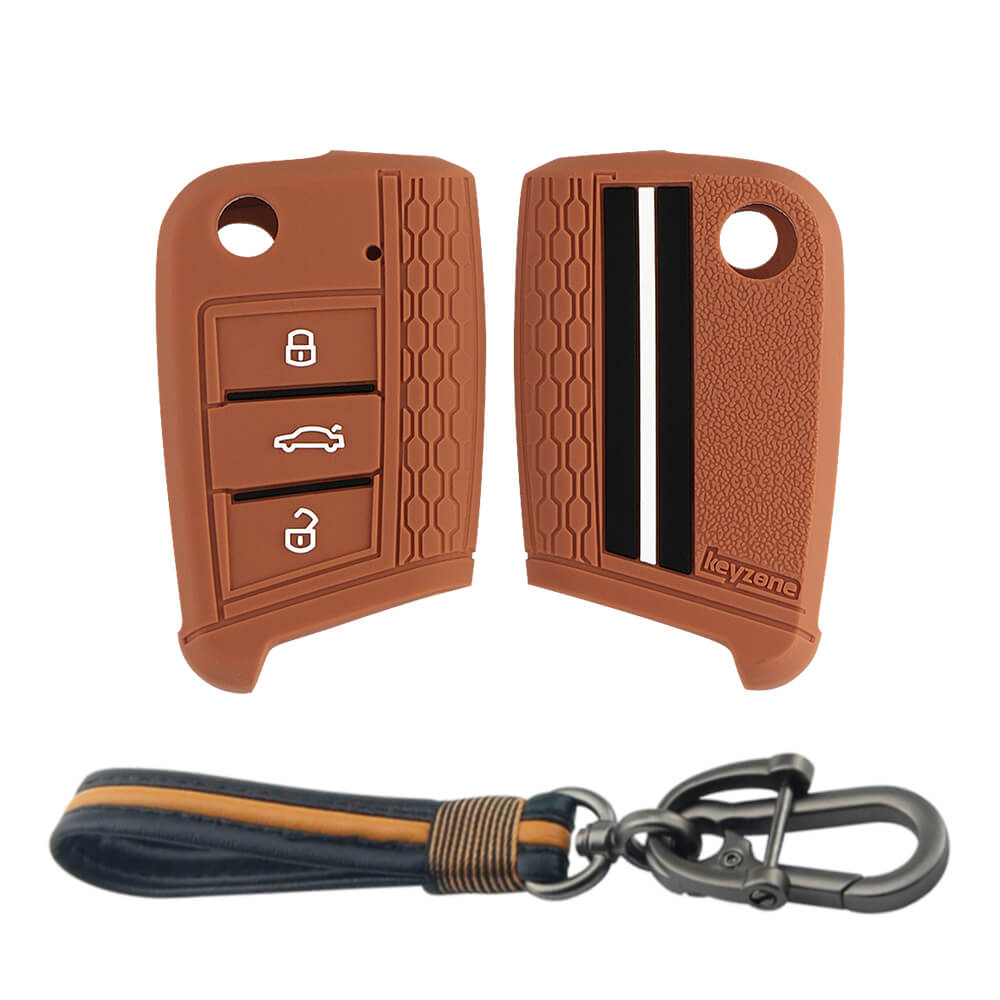 Keyzone striped key cover and keychain fit for : Virtus, Tiguan, T-roc,taigun, New Jetta 3 button flip key (KZS-17, Full Leather Keychain)