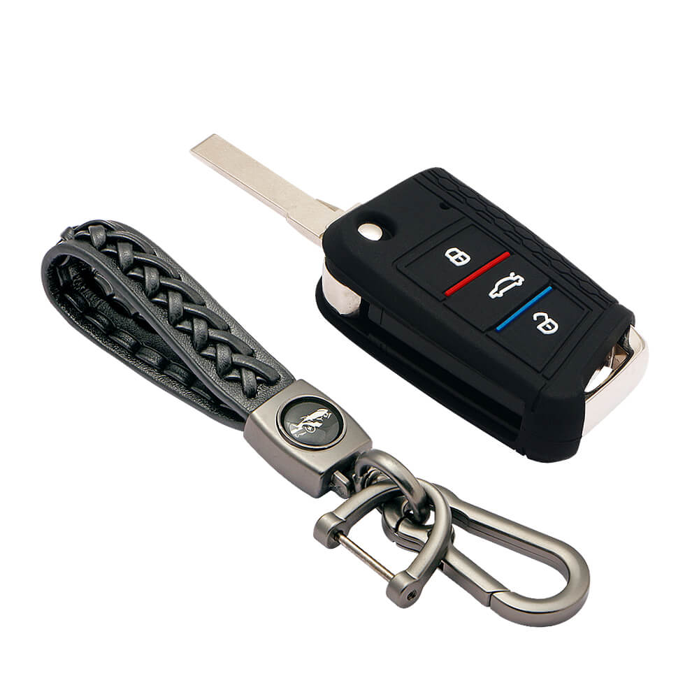 Keyzone striped key cover and keychain fit for : Virtus, Tiguan, T-roc,taigun, New Jetta 3 button flip key (KZS-17,Woven Keyholder) - Keyzone
