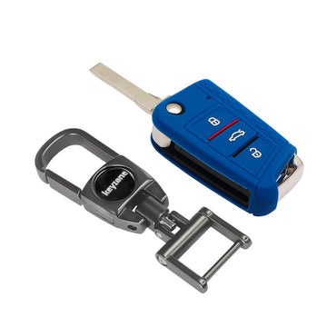 Keyzone striped silicone key cover & metal alloy key holder compatible for Virtus, Tiguan, Taigun, Jetta, T-Roc 3 button flip key (KZS-17, MAH) - Keyzone