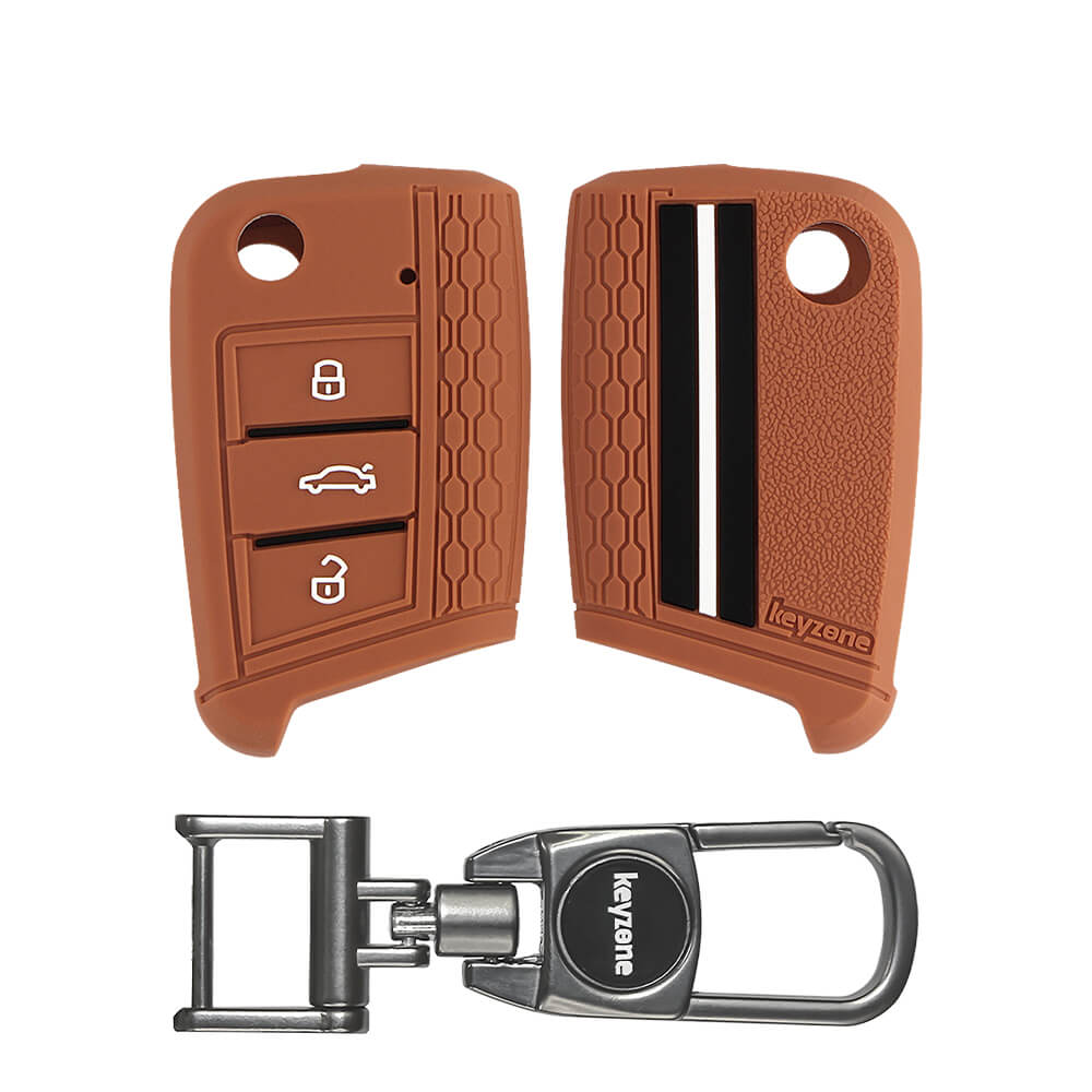 Keyzone Striped Silicone Key Cover & Metal Alloy Key Holder Compatible for Skoda Slavia, Kodiaq, Karoq, Kushaq, Octavia 3 button flip Key (KZS-17, MAH) - Keyzone