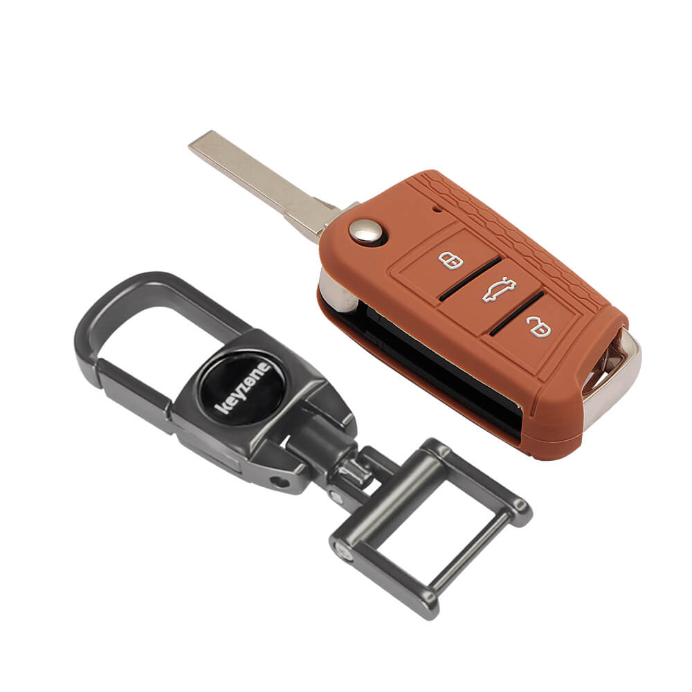 Keyzone striped silicone key cover & metal alloy key holder compatible for Virtus, Tiguan, Taigun, Jetta, T-Roc 3 button flip key (KZS-17, MAH) - Keyzone