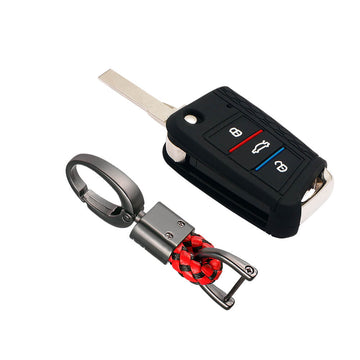 Keyzone striped key cover and keychain fit for : Virtus, Tiguan, T-roc,taigun, New Jetta 3 button flip key (KZS-17, Alloy Keychain)