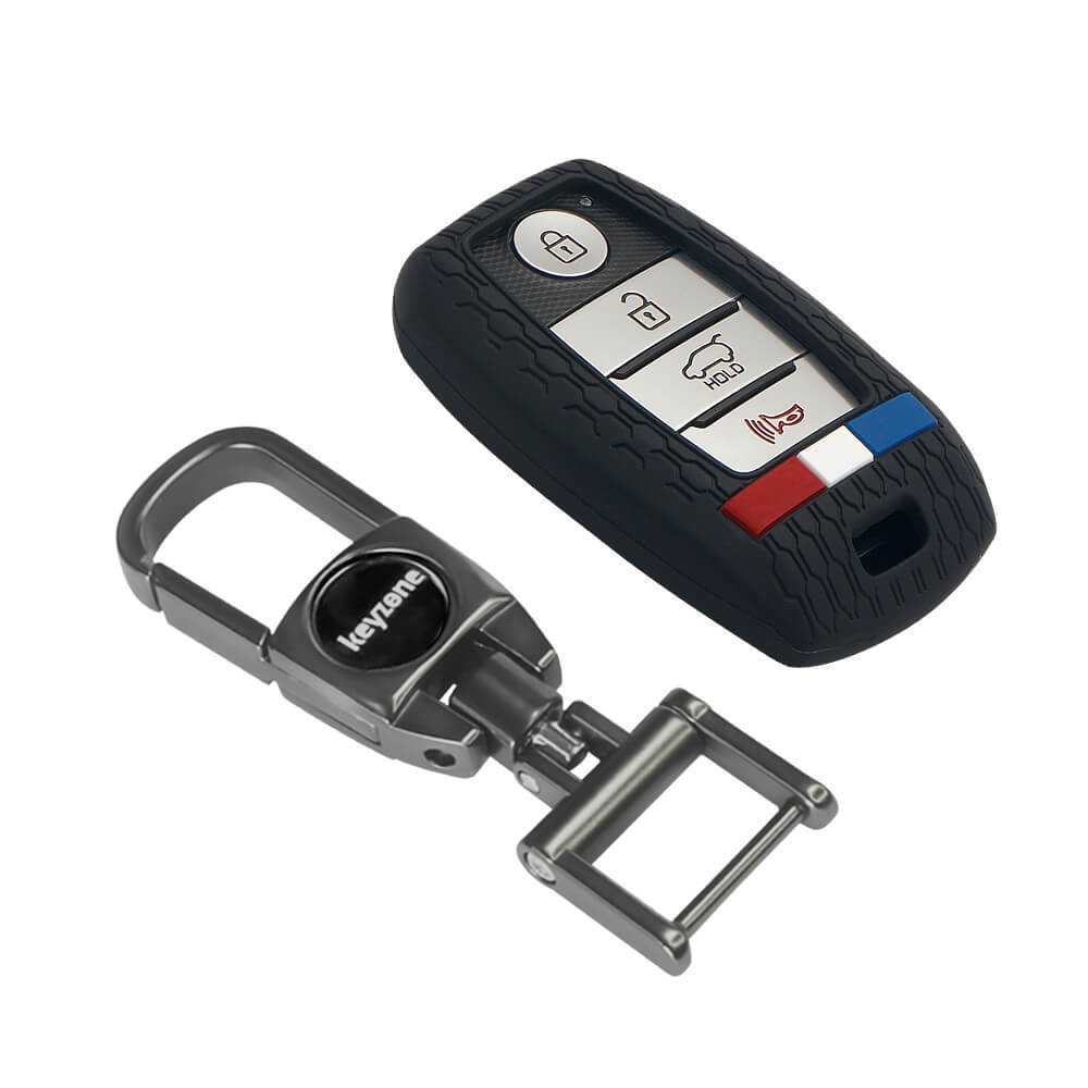 Keyzone Striped Silicone Key Cover & Metal Alloy Key Holder Compatible for Kia Seltos, Sonet, Carens, Carnival Smart Key (KZS-19, MAH) - Keyzone