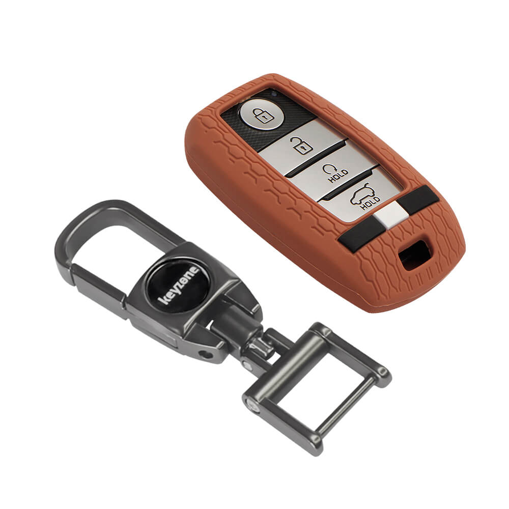 Keyzone Striped Silicone Key Cover & Metal Alloy Key Holder Compatible for Kia Seltos, Sonet, Carens, Carnival Smart Key (KZS-19, MAH) - Keyzone