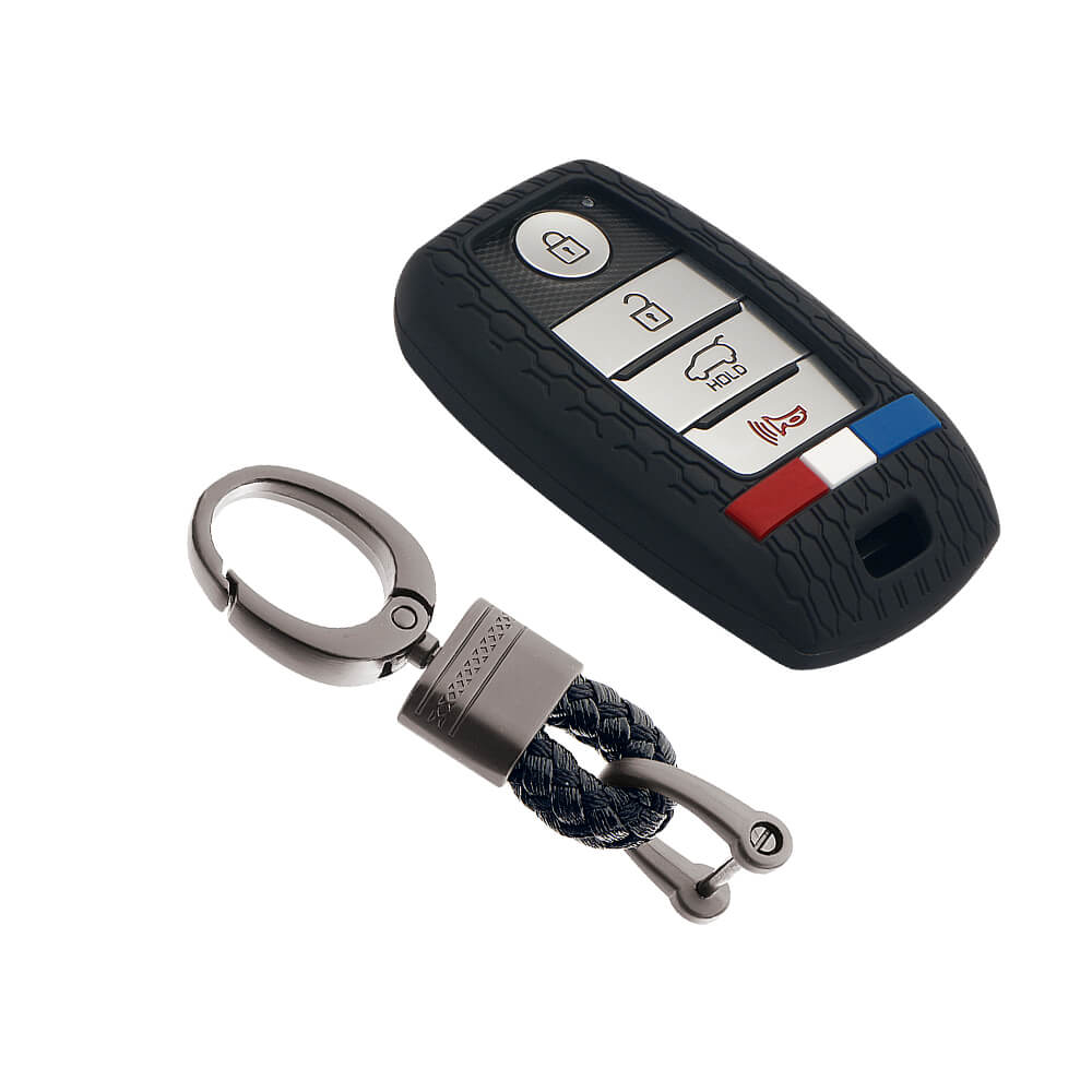 Keyzone striped key cover and keychain fit for : Seltos, Sonet, Carnival, Carens 3/4/5 button smart key (KZS-19, Alloy Keychain) - Keyzone