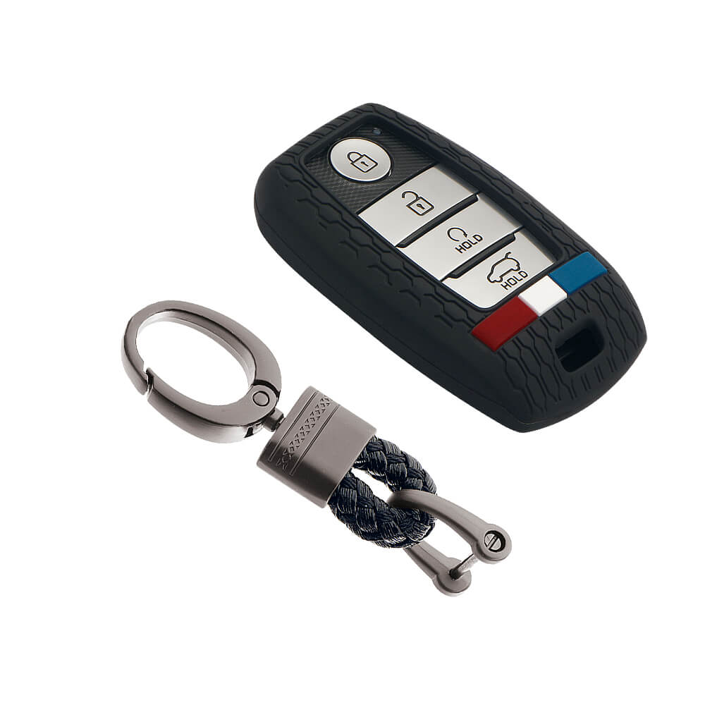 Keyzone striped key cover and keychain fit for : Seltos, Sonet, Carnival, Carens 3/4/5 button smart key (KZS-19, Alloy Keychain) - Keyzone