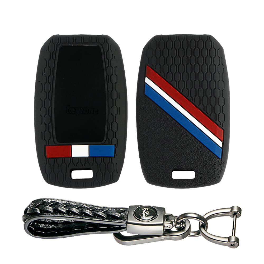 Keyzone striped key cover and keychain fit for : Seltos, Sonet, Carnival, Carens 3/4/5 button smart key (KZS-19, Leather Woven Keyholder) - Keyzone